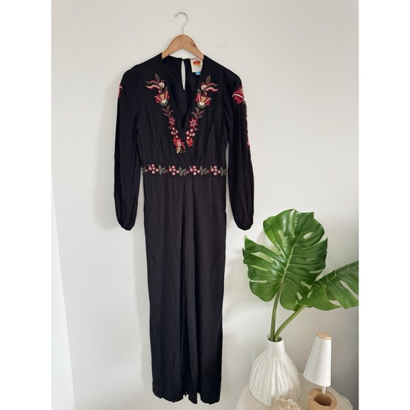 Farm Rio Anthropologie Black Embroidered Wide Leg Jumpsuit XS - Picture 3 of 8